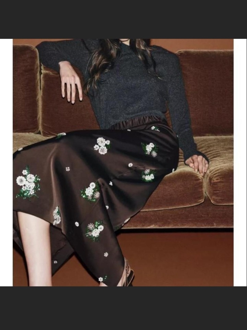 Zara Dark Brown Satin Midi Skirt with White & Green Floral Embroidery